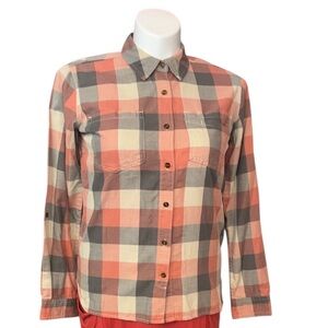 Carhartt Coral, Tan and Gray Plaid 100% Cotton Button Up Shirt